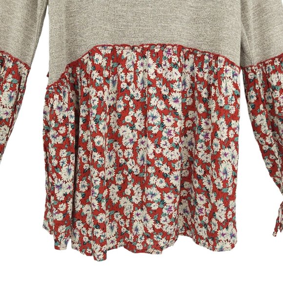 Easel Long Sleeve Knit Floral Tunic Top Womens Size Small Tie Sleeves Gray Red - Picture 8 of 13